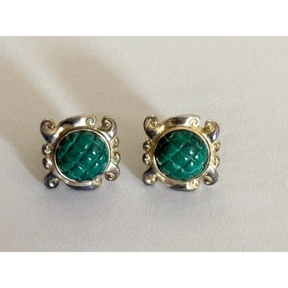 Stephen Dweck Sterling Silver 925 Carved‎ Green Agate Men's Cufflinks